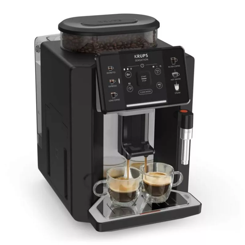 Cafetera superautomática Krups Sensation C10 EA910A10 negro de diseño moderno y panel de control intuitivo.
