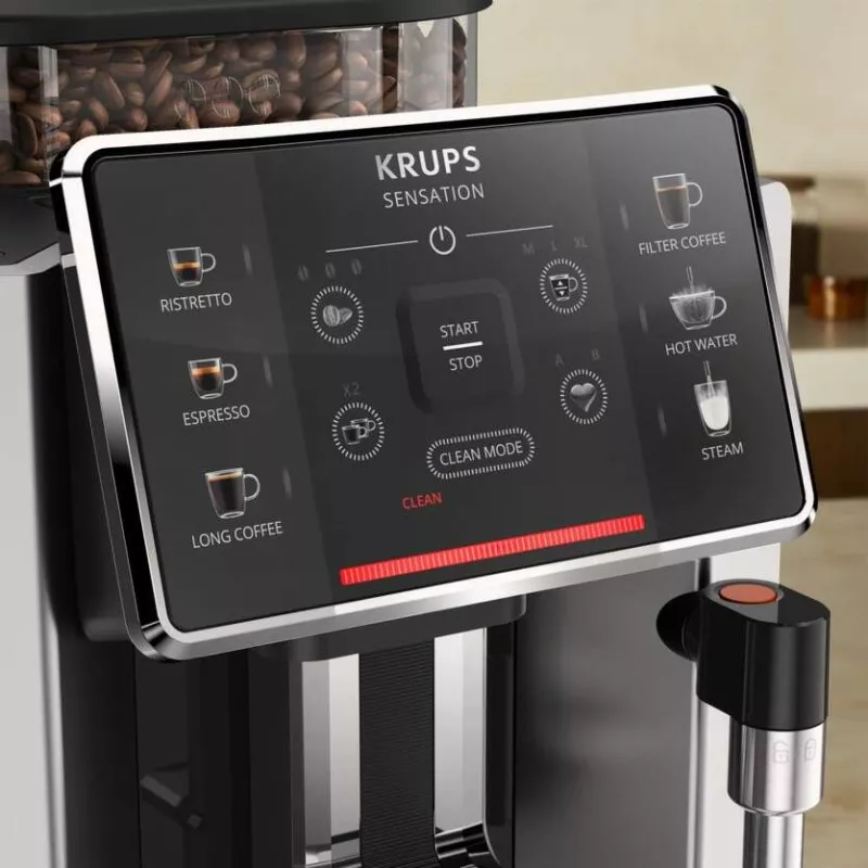 Cafetera superautomática Krups Sensation C10 EA910A10 con acabado acero inoxidable y panel táctil intuitivo.