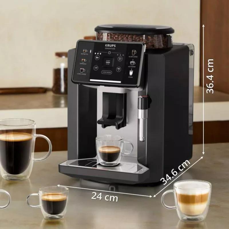 Cafetera superautomática Krups Sensation C10 EA910A10 negra con molinillo integrado y panel digital de control.