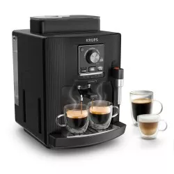 Cafetera superautomática Krups Serenity EA4008 negra con diseño compacto, panel de control y espumador de leche.