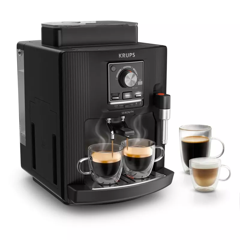Cafetera superautomática Krups Serenity EA4008 negra con diseño compacto, panel de control y espumador de leche.