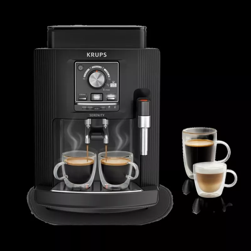 Cafetera superautomática Krups Serenity EA4008 negra con diseño moderno, acabado mate y componentes de alta calidad.