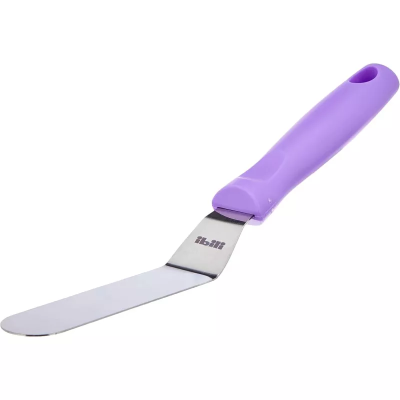 Espátula acodada 15 cm inox. morada Ibili 737915 con mango ergonómico y superficie antiadherente.