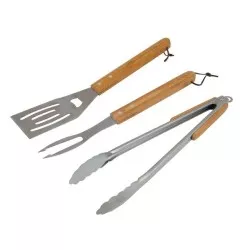 JUEGO BARBACOA 3P. MADERA COLEMAN con utensilios de acero inoxidable y mango de madera resistente y elegante.