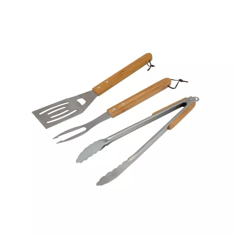JUEGO BARBACOA 3P. MADERA COLEMAN con utensilios de acero inoxidable y mango de madera resistente y elegante.