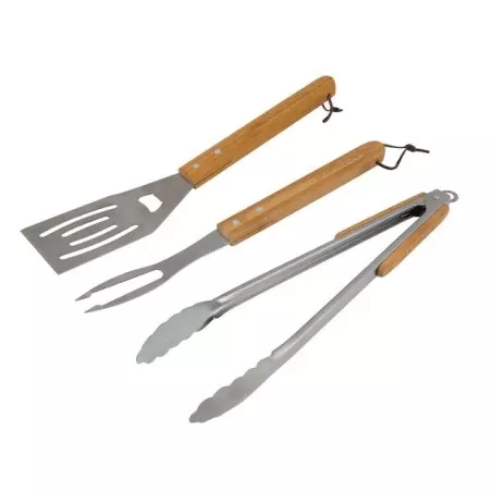 JUEGO BARBACOA 3P. MADERA COLEMAN con utensilios de acero inoxidable y mango de madera resistente y elegante.