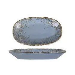 Bandeja oval Tequendama 31x24 cm color azul con borde dorado y diseño elegante para servir alimentos.