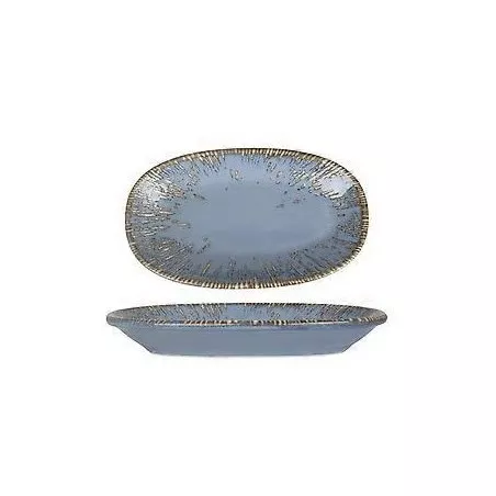 Bandeja oval Tequendama 31x24 cm color azul con borde dorado y diseño elegante para servir alimentos.