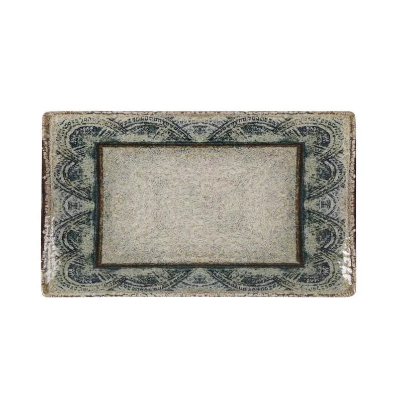 Bandeja Ming III Catania 24,5x14,5x2 en cerámica, diseño vintage con bordes decorativos en tonos azules.