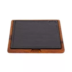 Bandeja rect. 30*30 cm. color negro con soporte de madera de acabado natural, ideal para servir alimentos.