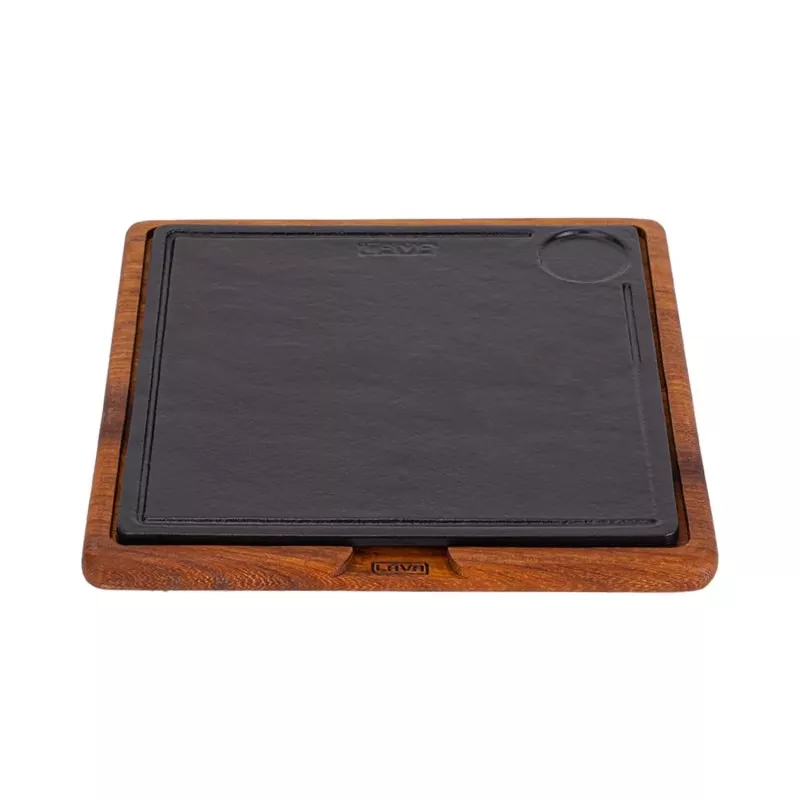Bandeja rect. 30*30 cm. color negro con soporte de madera de acabado natural, ideal para servir alimentos.