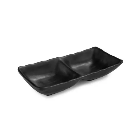 Bandeja Black Snack 17x8 P22120 de cerámica negra con diseño de doble compartimento y acabado mate.