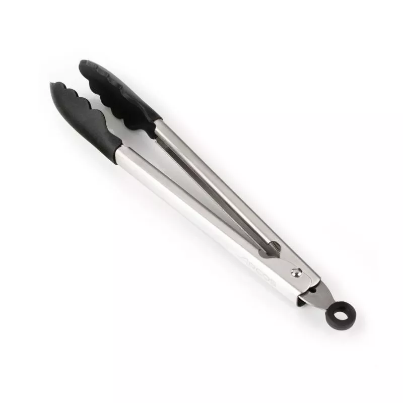 Pinza de cocina Arcos 685600 de acero inoxidable con mangos de silicona antideslizante y diseño ergonómico.