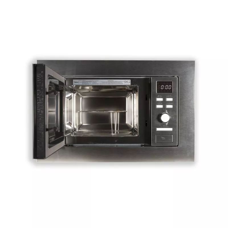 Microondas Midea MCMI208GDIP integrable 20 L inox con diseño moderno y puerta de acero inoxidable.