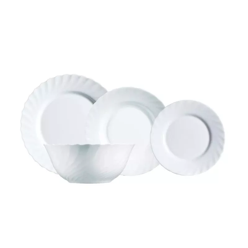Vajilla Luminarc Trianon opal blanca 19 piezas diseño elegante, de cerámica resistente, apta para uso en lavavajillas.