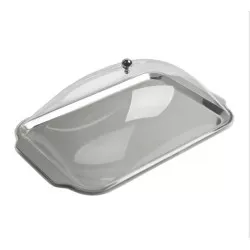 BANDEJA RECT. C/T. 43*27 CM. 07010 INOXIBAR de acero inoxidable con tapa de cristal y acabado pulido en color plateado