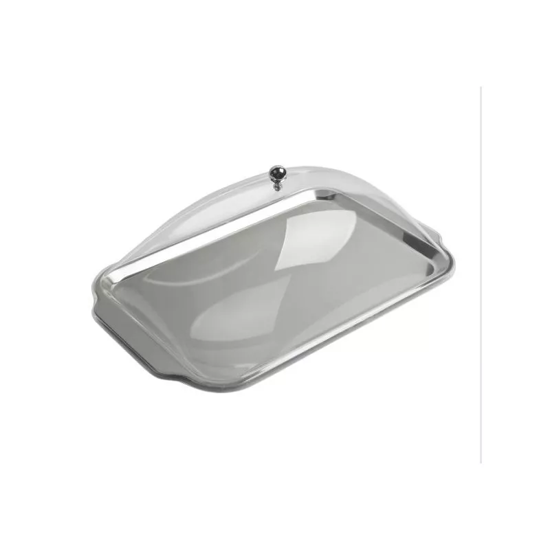 BANDEJA RECT. C/T. 43*27 CM. 07010 INOXIBAR de acero inoxidable con tapa de cristal y acabado pulido en color plateado