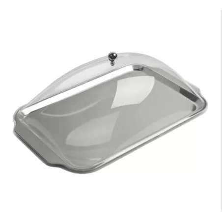 BANDEJA RECT. C/T. 43*27 CM. 07010 INOXIBAR de acero inoxidable con tapa de cristal y acabado pulido en color plateado
