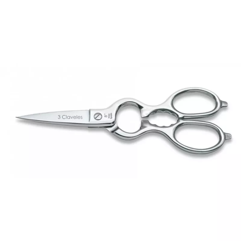 Tijera cocina 8\" 3 Claveles 00128 de acero inoxidable con diseño ergonómico y acabado pulido.