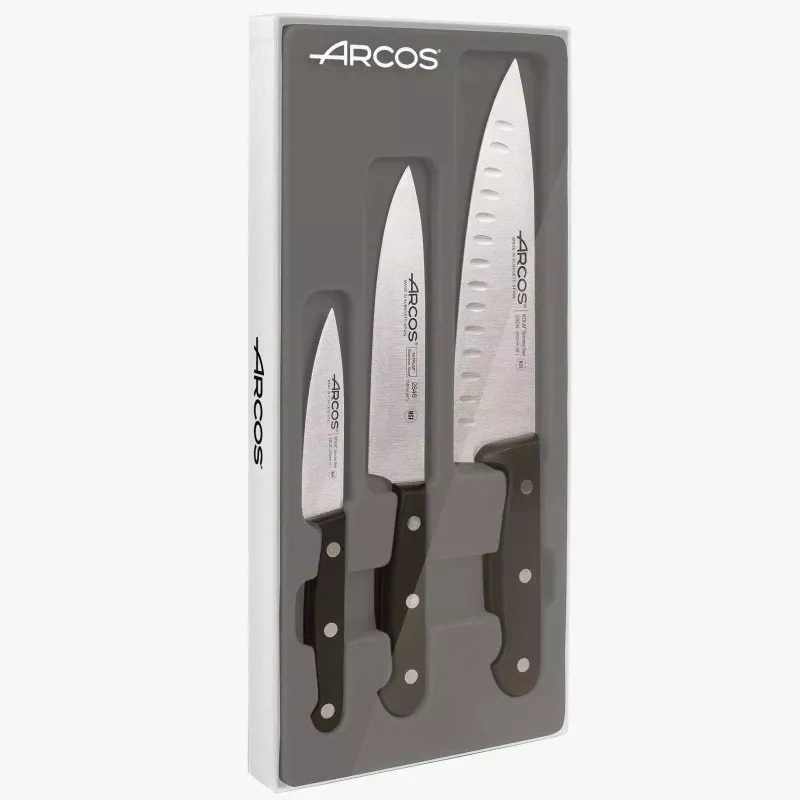 Juego cuchillos Arcos 3 P Universal Pro 807410 de acero inoxidable con mangos negros y diseño ergonómico.