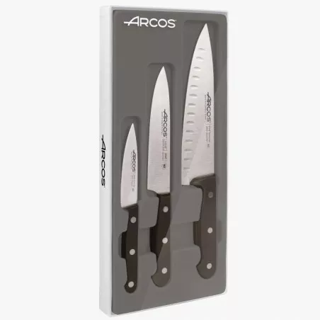 Juego cuchillos Arcos 3 P Universal Pro 807410 de acero inoxidable con mangos negros y diseño ergonómico.