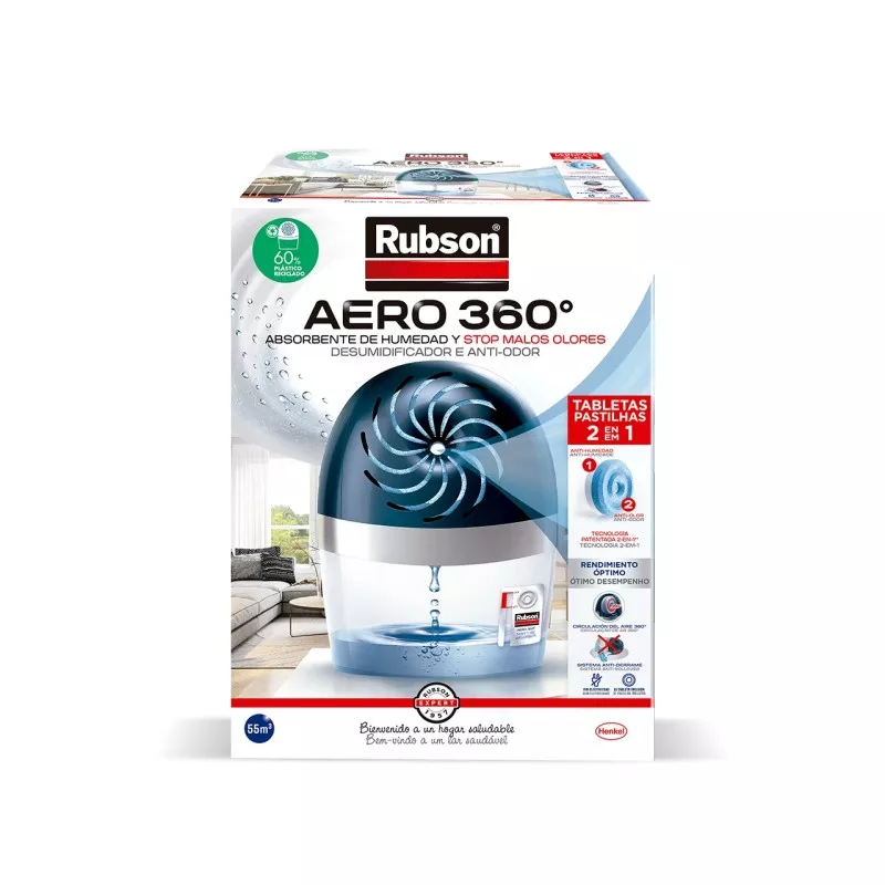 Deshumidificador Rubson Aéreo 360º compacto blanco, eficiente para hogares y oficinas con diseño moderno y tecnología 2 en 1.