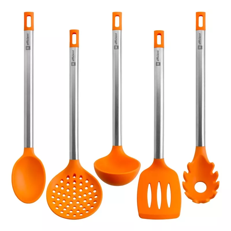 Set BRA Efficient de 5 utensilios con bote de silicona naranja y mango de acero inoxidable, diseño ergonómico y resistente.