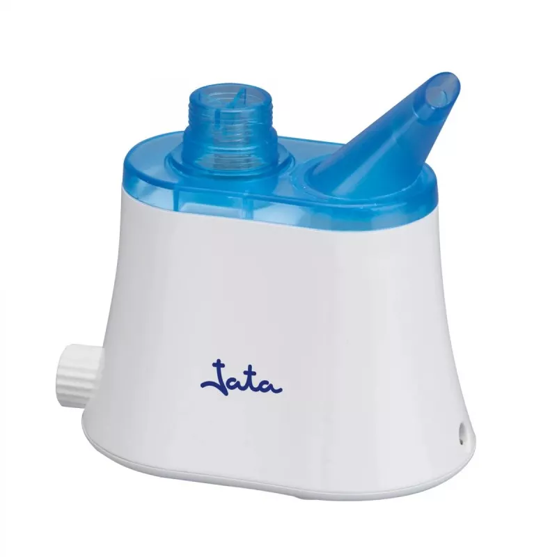 HUMIDIFICADOR JATA HU992 ULTRASONICO blanco y azul, compacto, con boquilla ajustable y fácil llenado.