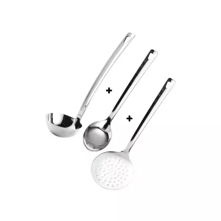 SET UTENSILIOS 3 U. FINE LINE 13095 de acero inoxidable brillante con cucharón, cuchara y espumadera.