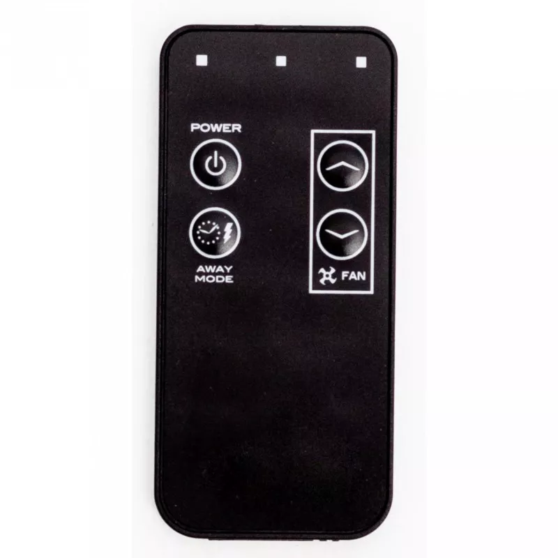 Control remoto negro para purificador Haverland 21W D105597M con funciones de encendido, ventilador y modo ausencia.
