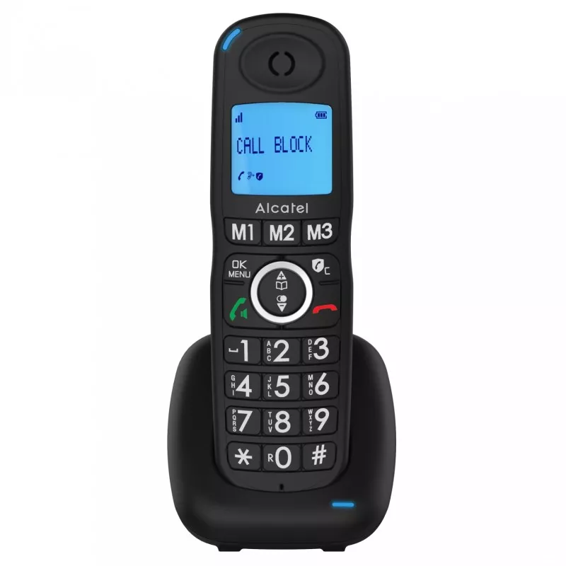 Teléfono Alcatel XL535 Inal negro con teclado grande y pantalla iluminada, ideal para uso doméstico.