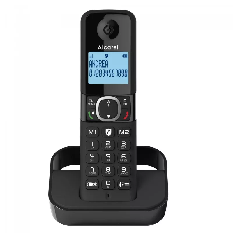 Teléfono Alcatel F860 negro inalámbrico con pantalla iluminada y base de carga compacta.