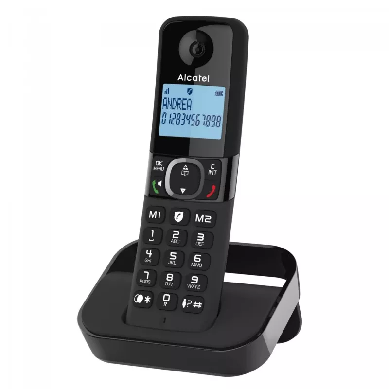 Teléfono Alcatel F860 negro inal con pantalla grande y teclado ergonómico, diseño moderno y base de carga.