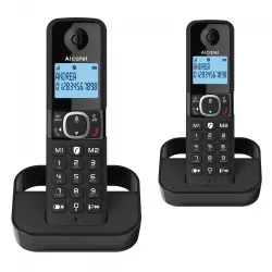 Teléfono Alcatel F860 Duo Inal negro con pantalla LCD, base de carga y funciones de identificación de llamadas.