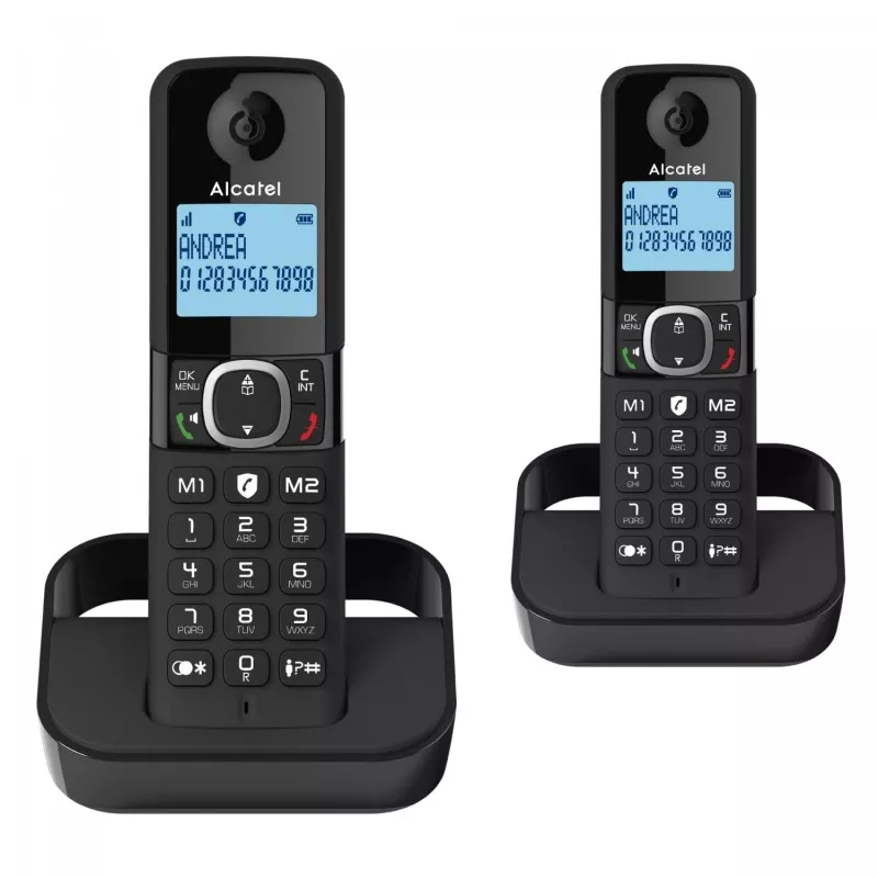 Teléfono Alcatel F860 Duo Inal negro con pantalla LCD, base de carga y funciones de identificación de llamadas.