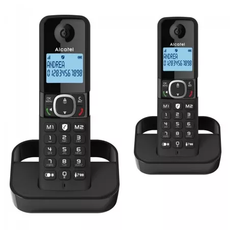 Teléfono Alcatel F860 Duo Inal negro con pantalla LCD, base de carga y funciones de identificación de llamadas.