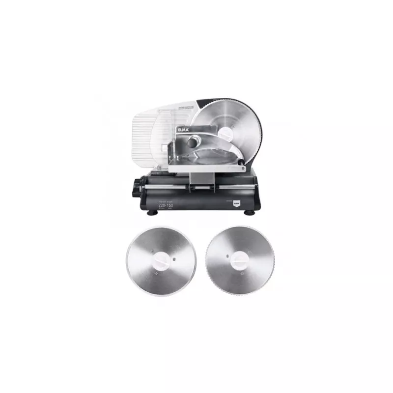 Cortafiambres Elma CFD 220 XL con cuchilla de acero inoxidable Ø 220 mm y diseño elegante negro y plata.