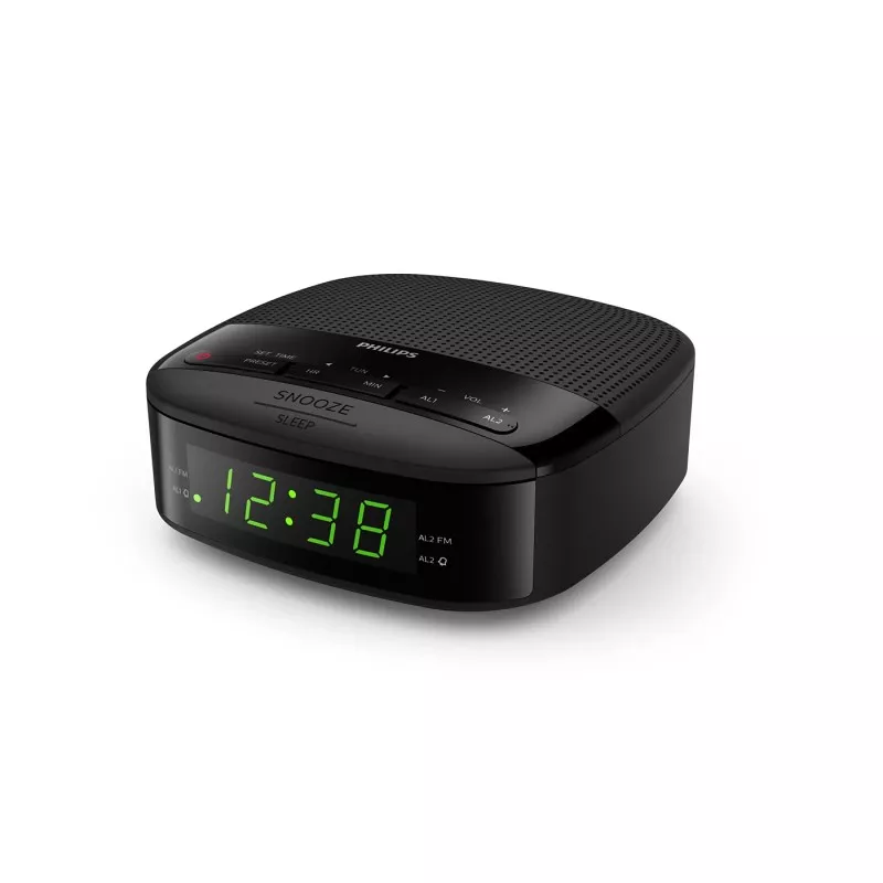 RADIO RELOJ DESPERTADOR PHILIPS TAR3205/12 color negro con display digital y función de alarma dual.