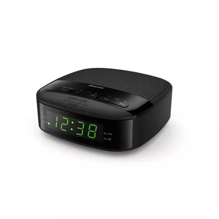 RADIO RELOJ DESPERTADOR PHILIPS TAR3205/12 color negro con display digital y función de alarma dual.