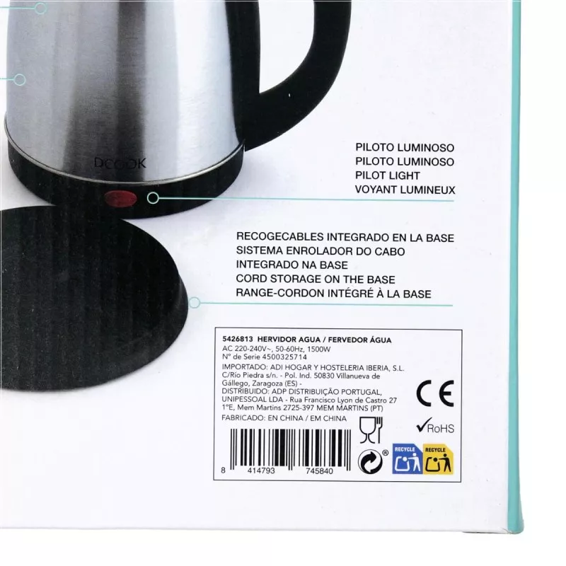 Hervidor de agua Dcook Gallery 5426813 – 1,8 L, 1500 W, jarra inox sin cable