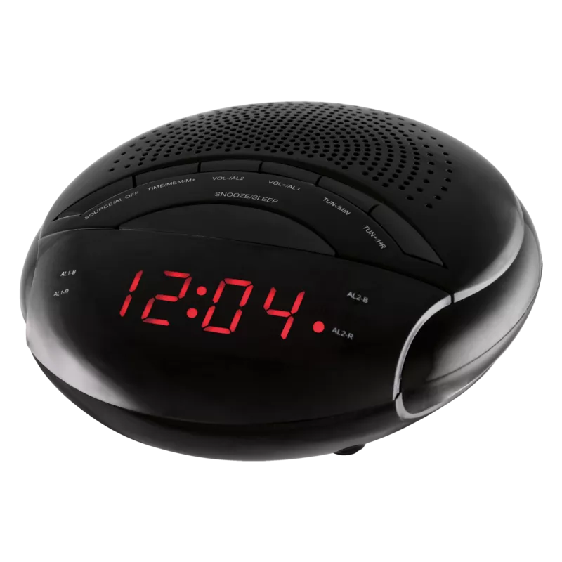 RADIO DESPERTADOR NEVIR NVR-335D negro, diseño compacto, pantalla LED roja y sintonizador de radio FM.