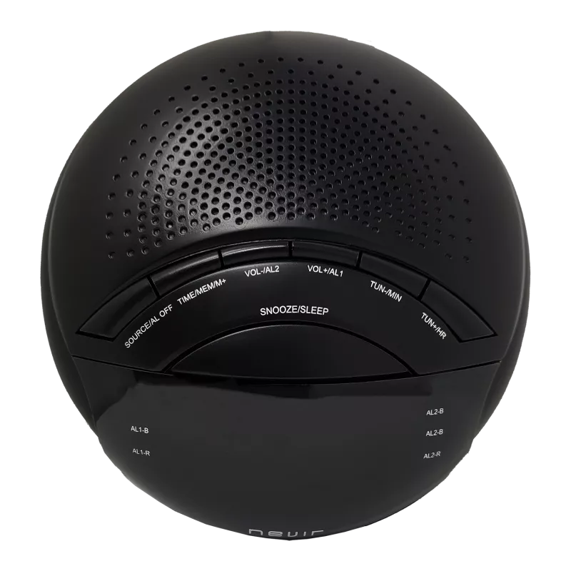 RADIO DESPERTADOR NEVIR NVR-335D negro con diseño esférico, controles fáciles y sonido envolvente.