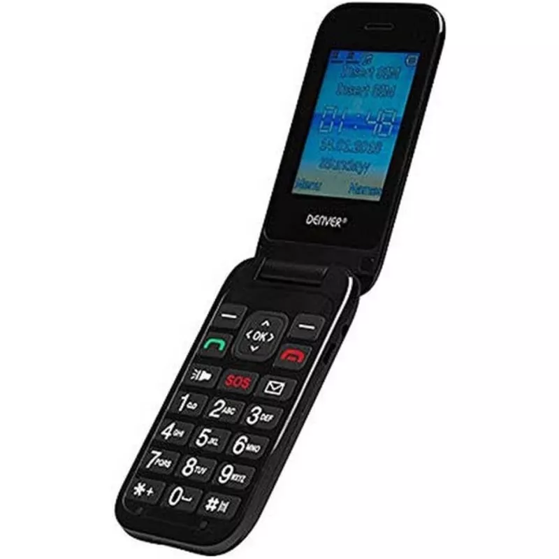 TELEFONO DENVER SENIOR BAS-24200M plegable negro con botones grandes y pantalla iluminada, ideal para seniors