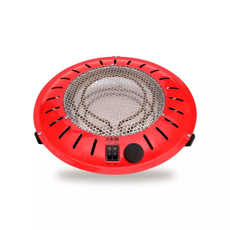 Brasero HJM 100/20 900 W rojo de diseño circular con rejilla de ventilación y control de temperatura.