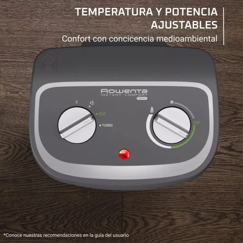 CALEFACTOR ROWENTA SO2330F2 INSTANT COMFORT 2400W con diseño compacto y diales ajustables de temperatura y potencia.