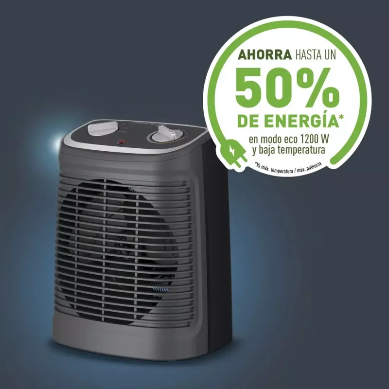 CALEFACTOR ROWENTA SO2330F2 INSTANT COMFORT 2400W compacto negro con control de temperatura y bajo consumo energético.