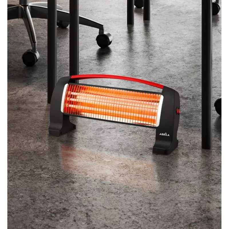 Estufa Fabrilamp cuarzo Edipo 1200W de diseño compacta en color negro y rojo, ideal para espacios pequeños.