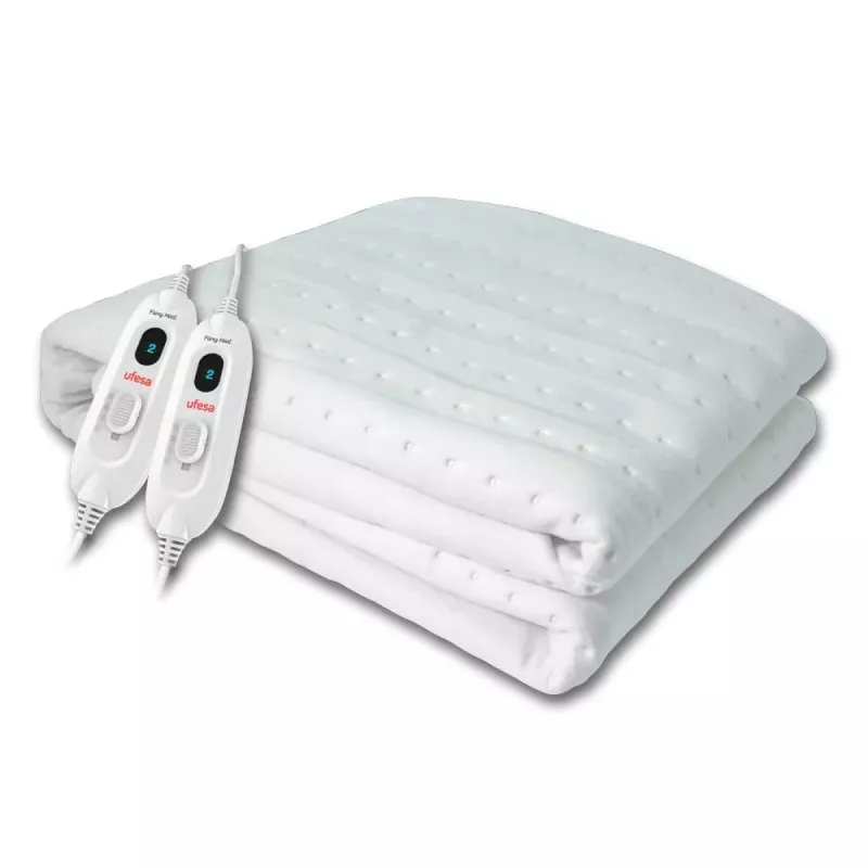 CALIENTACAMAS UFESA 150X130 FLEXY-HEATCME 60 W de color blanco con tejido suave y controles ajustables de temperatura.