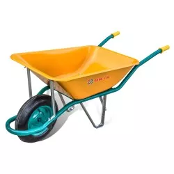 Carretillo obra 550 amarillo Theca C1 de metal con un diseño robusto y rueda neumática para mayor durabilidad.