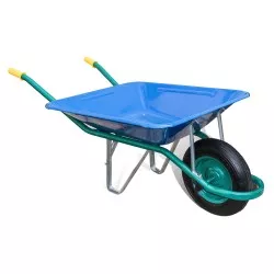 Carretillo obra 720 ancho azul Theca de acero con diseño robusto y ruedas para facilitar el transporte.